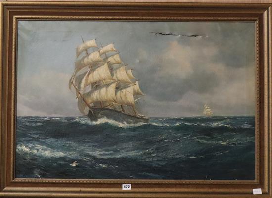 John McBride, oil on canvas, Clipper at sea, 60 x 90cm.